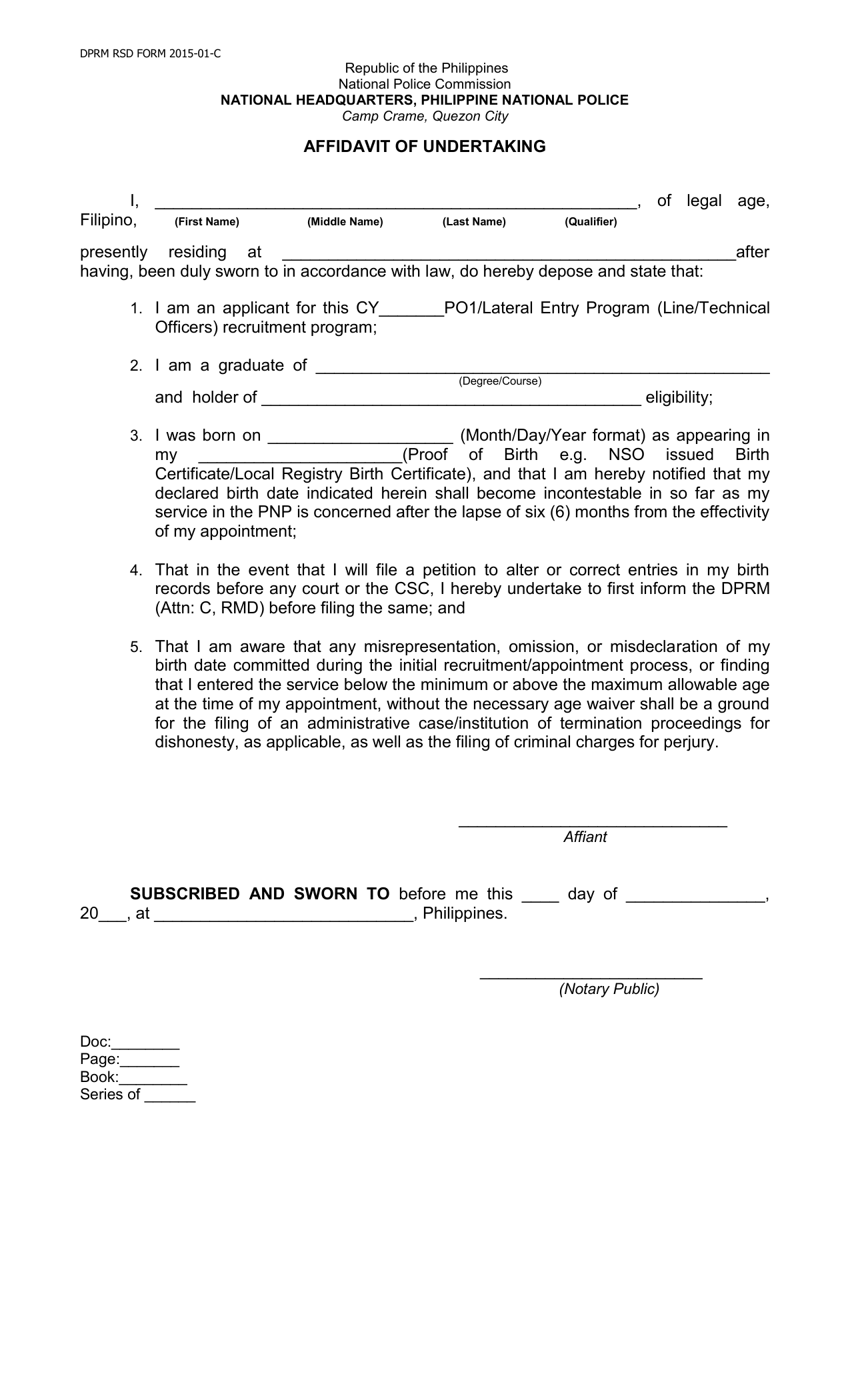 Affidavit PSF With Regard To legal undertaking template
