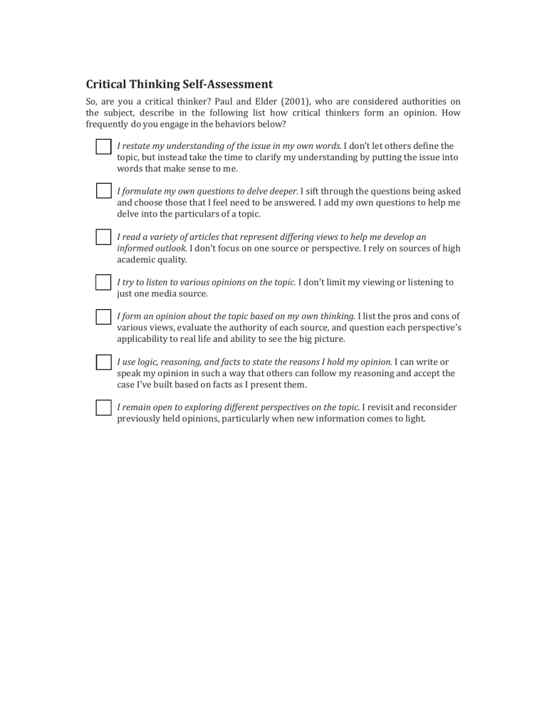 critical thinking self appraisal comments