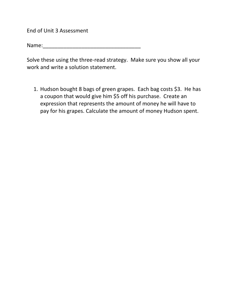 End Unit Assessment Number Relations