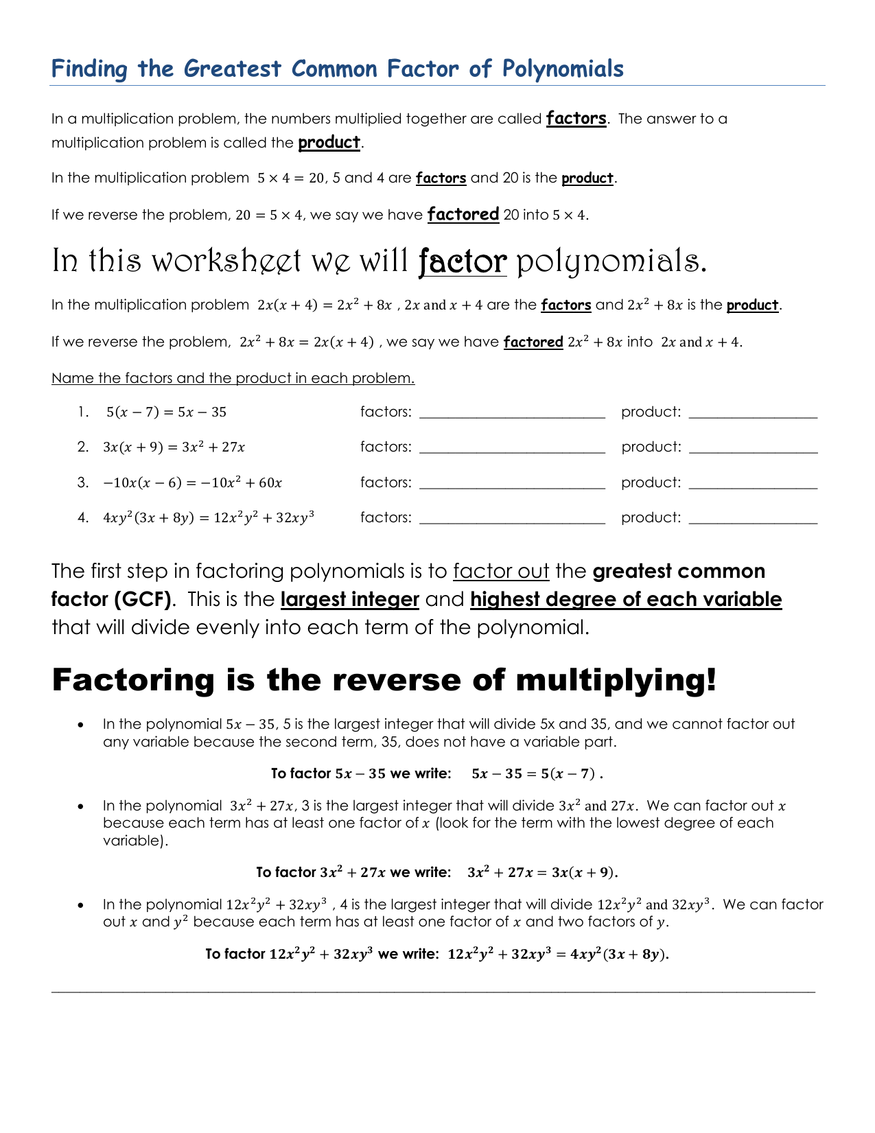 Finding GCF Factor Polynomials In Factoring Greatest Common Factor Worksheet