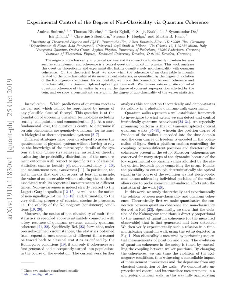 experimental non classicality of an indivisible quantum system