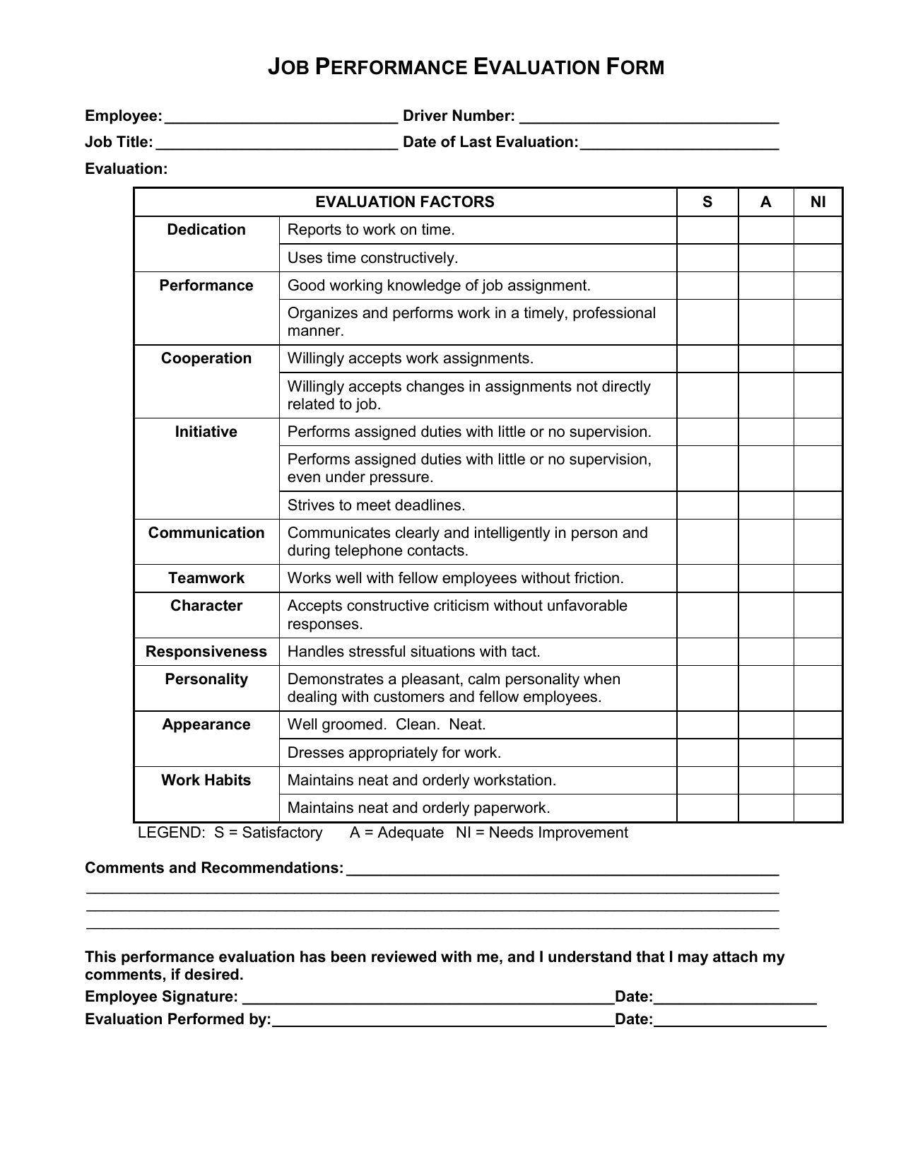 Driver Evaluation Form Pdf Fill Online Printable Fill