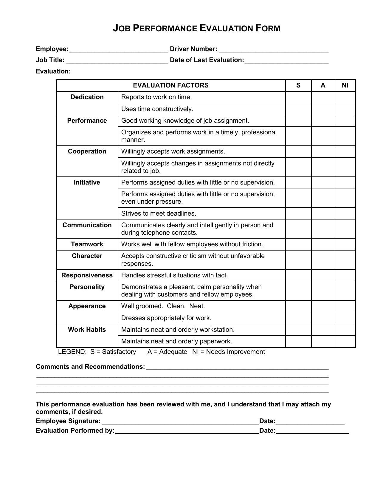 Printable Driver Performance Evaluation Form