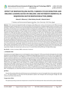 IRJET-Effect of Biofilm Filling Rates, Various Cycles Duration and Organic Loading Rates on Organic and Nutrients Removal in Sequencing Batch Biofilm Reactor (SBBR)