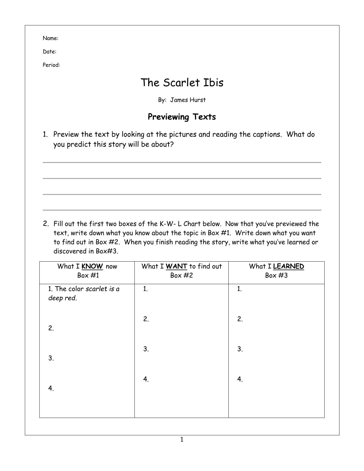 Scarlet Ibis Worksheet In The Scarlet Ibis Worksheet