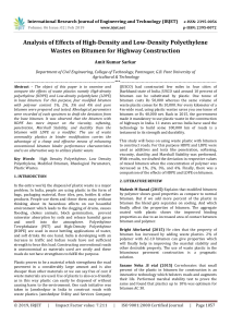 IRJET-Analysis of Effects of High-Density and Low-Density Polyethylene Wastes on Bitumen for Highway Construction