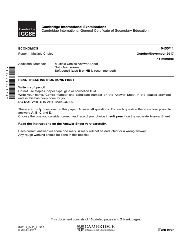 IGCSE Economics Exam Paper Multiple Choice