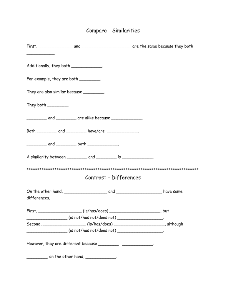 Compare And Contrast Sentence Frames