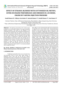 IRJET-    Effect of Ethanol Blended with Cottonseed Oil Methyl Ester on Engine Performance and Emission in a DI Diesel Engine by Varying Injection Pressure