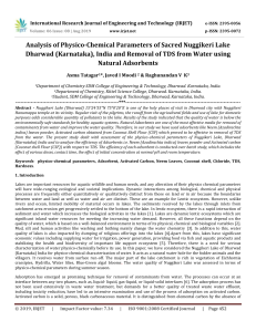 IRJET-    Analysis of Physico-Chemical Parameters of Sacred Nuggikeri Lake Dharwad (Karnataka), India and Removal of TDS from Water using Natural Adsorbents