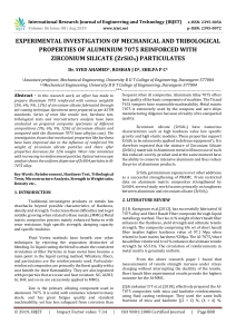 IRJET-    Experimental Investigation of Mechanical and Tribological Properties of Aluminium 7075 Reinforced with Zirconium Silicate (ZrSiO4) Particulates