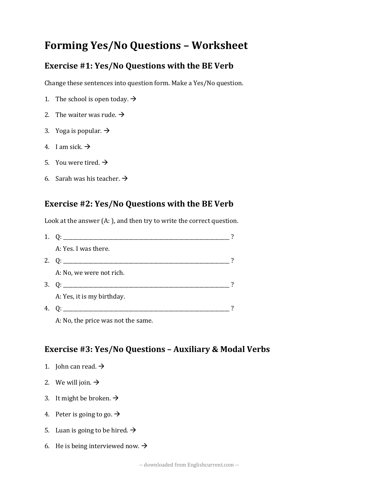 yes no questions worksheet esl