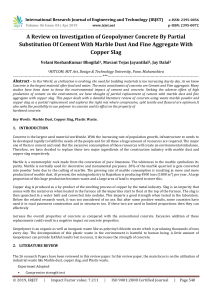 IRJET-A Review on Investigation of Geopolymer Concrete by Partial Substitution of Cement with Marble Dust and Fine Aggregate with Copper Slag
