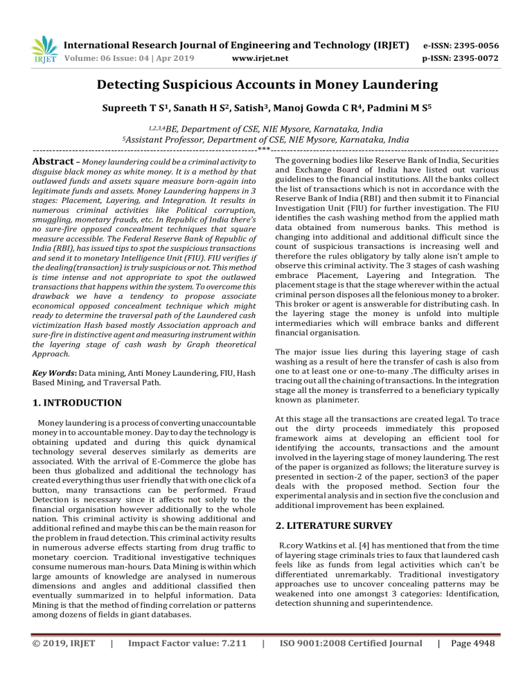 IRJET-Detecting Suspicious Accounts in Money Laundering