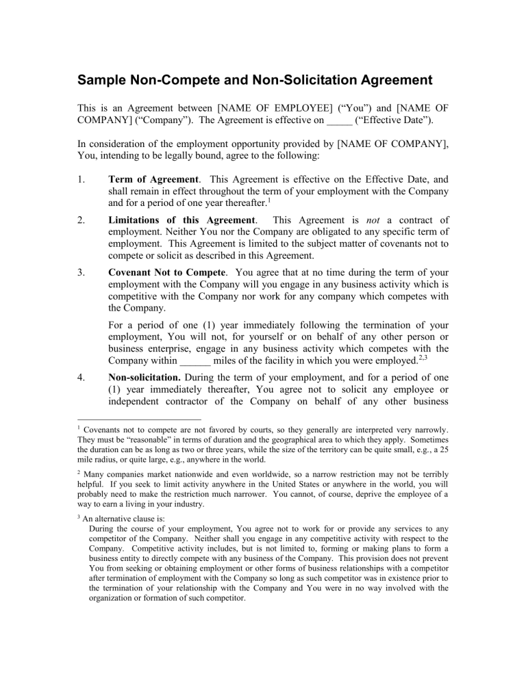 Sample Non Compete And Non Solicitation Agreement