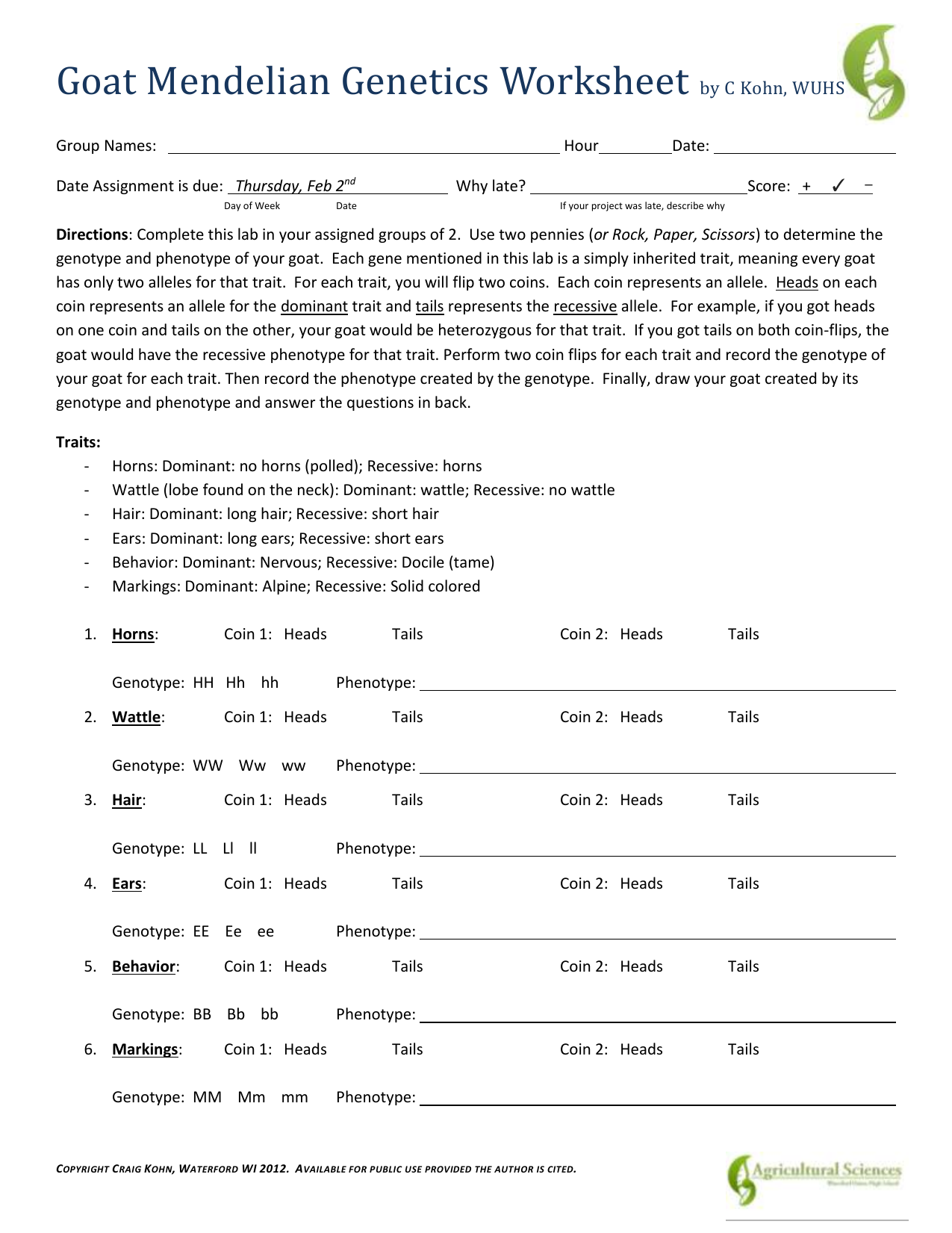 Goat Mendelian Genetics (Coin flip) Pertaining To Mendelian Genetics Worksheet Answer Key