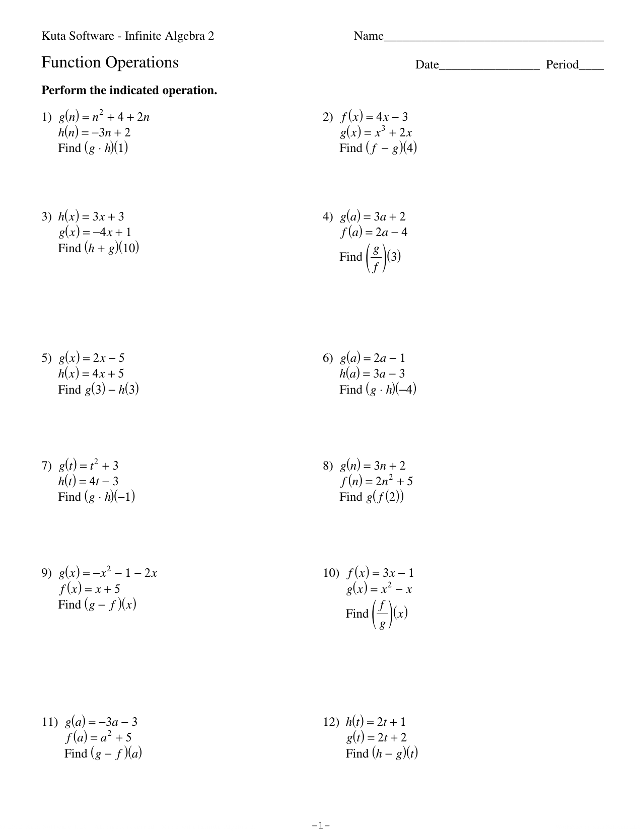 Function Operations 5 KUTA In Operations On Functions Worksheet