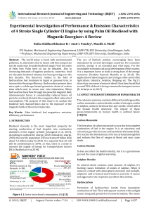 IRJET-Experimental Investigation of Performance & Emission Characteristics of 4 Stroke Single Cylinder CI Engine by using Palm Oil Biodiesel with Magnetic Energizer: A Review