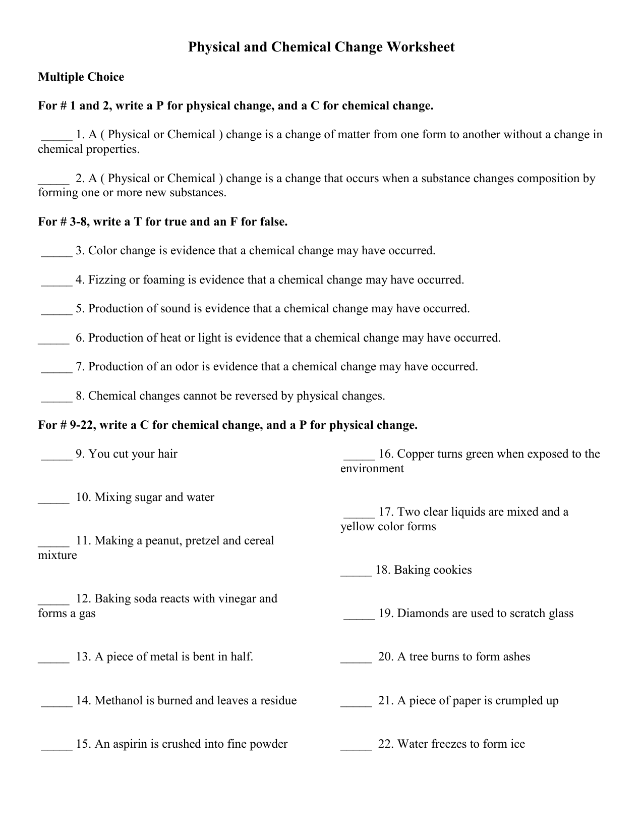 Physical and Chemical Change Worksheet for HW CP Intended For Physical And Chemical Change Worksheet