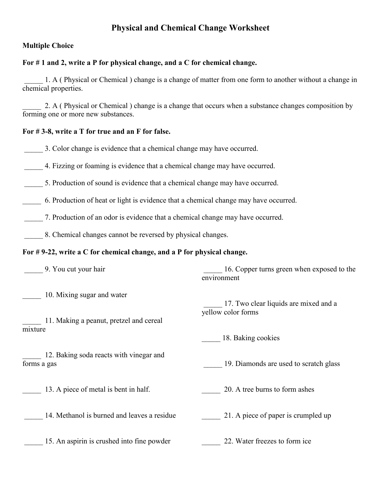 Physical and Chemical Change Worksheet for HW CP Inside Chemical And Physical Changes Worksheet