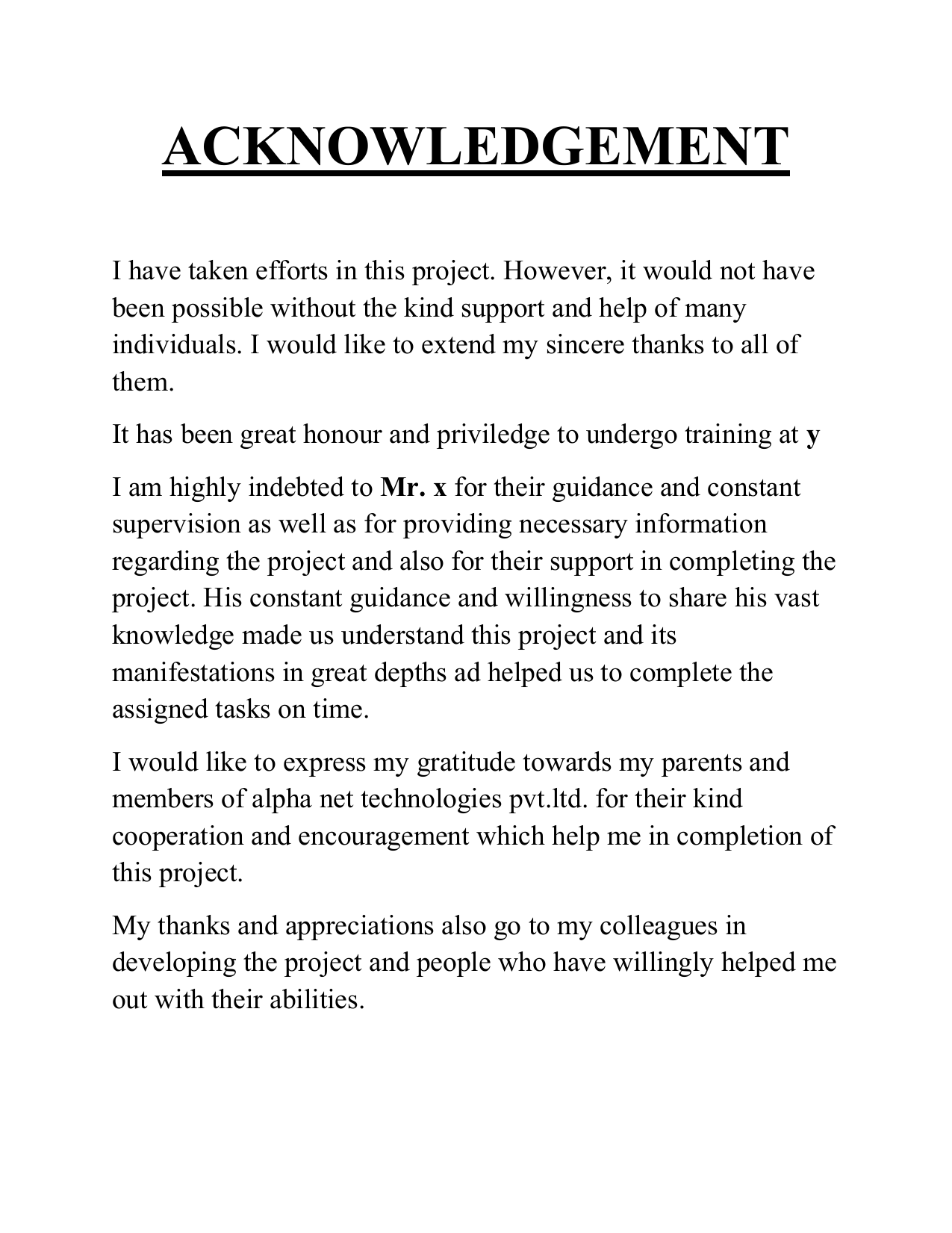 Acknowledgement For Assignment