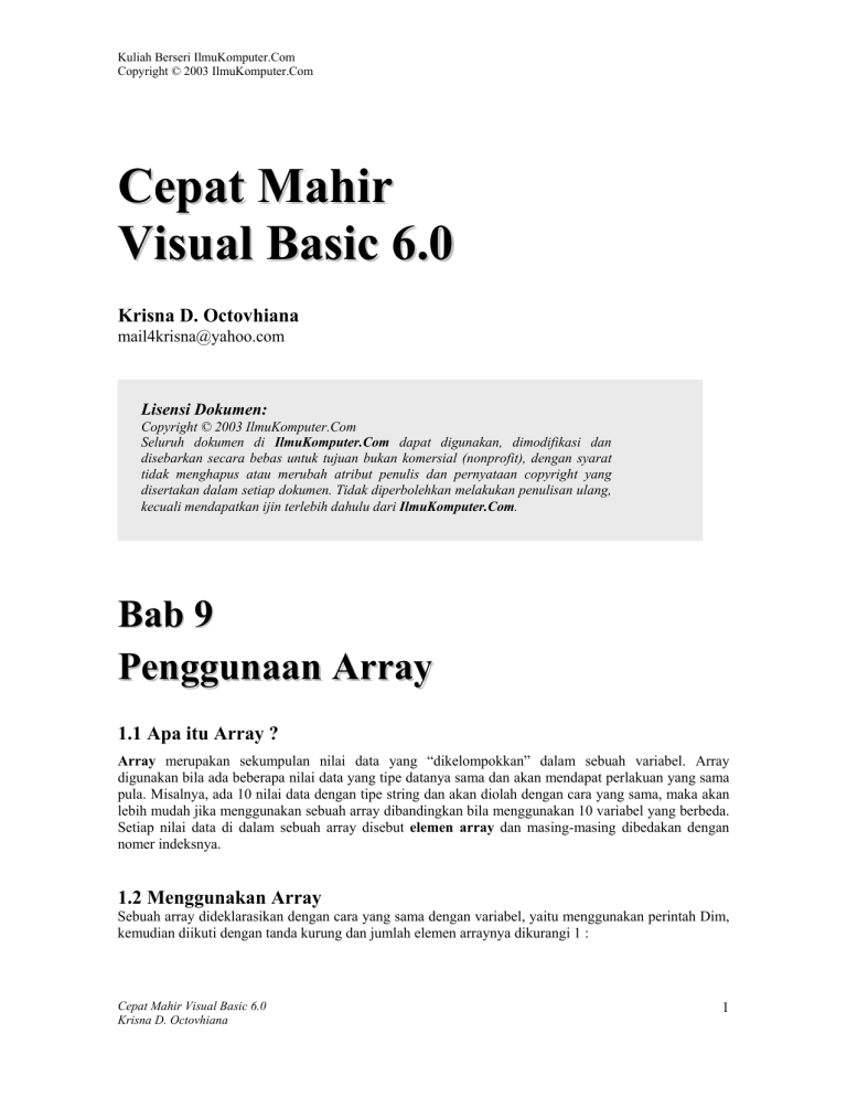Visual Basic 6.0: Penggunaan Array - Kuliah Berseri