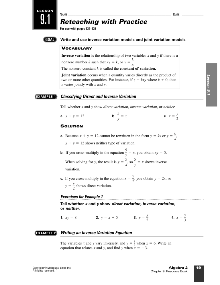 9 1 Reteaching With Practice Inverse Joint Variation