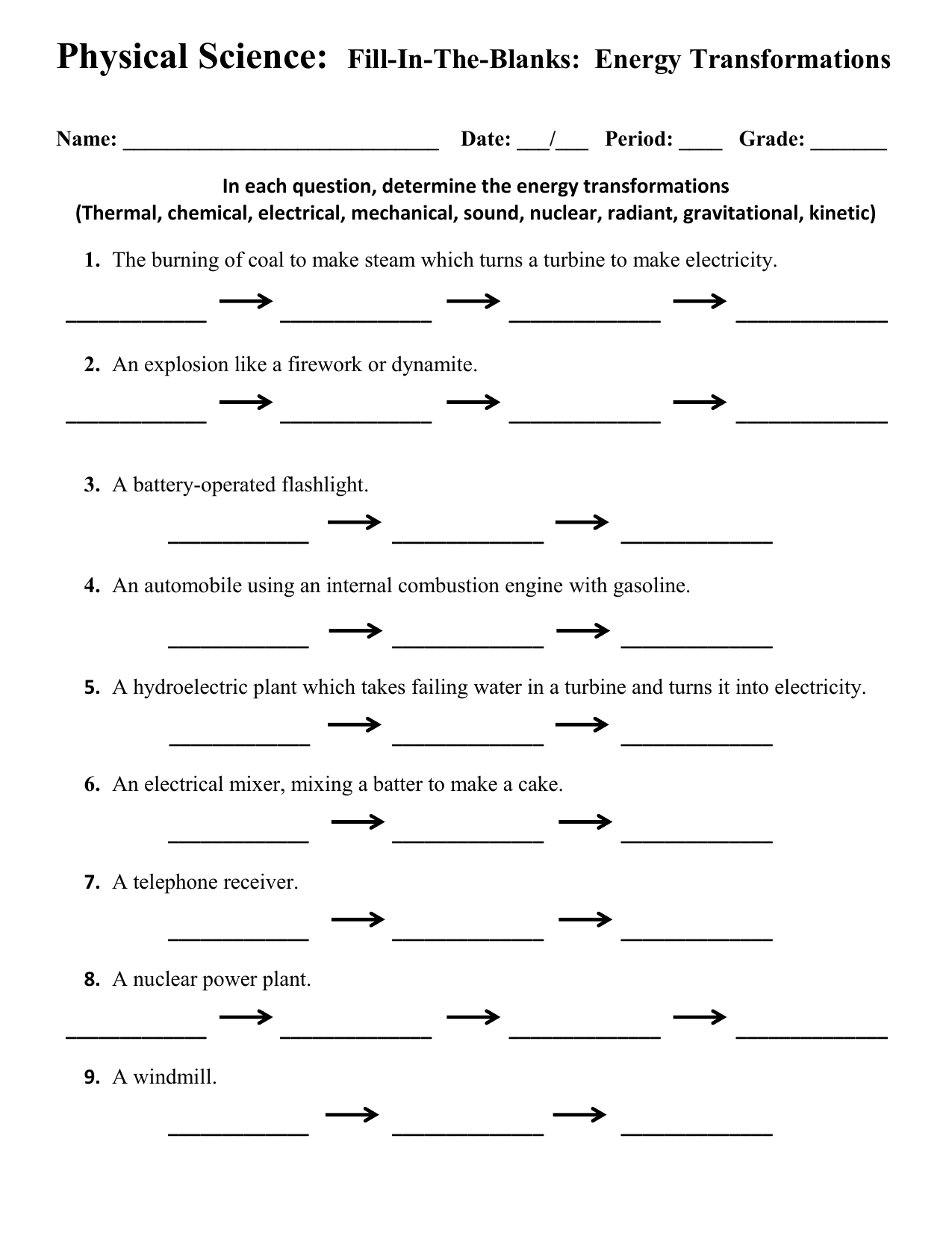 EnergyTransformationsWorksheetFillInTheBlank For Energy Transformation Worksheet Answer Key