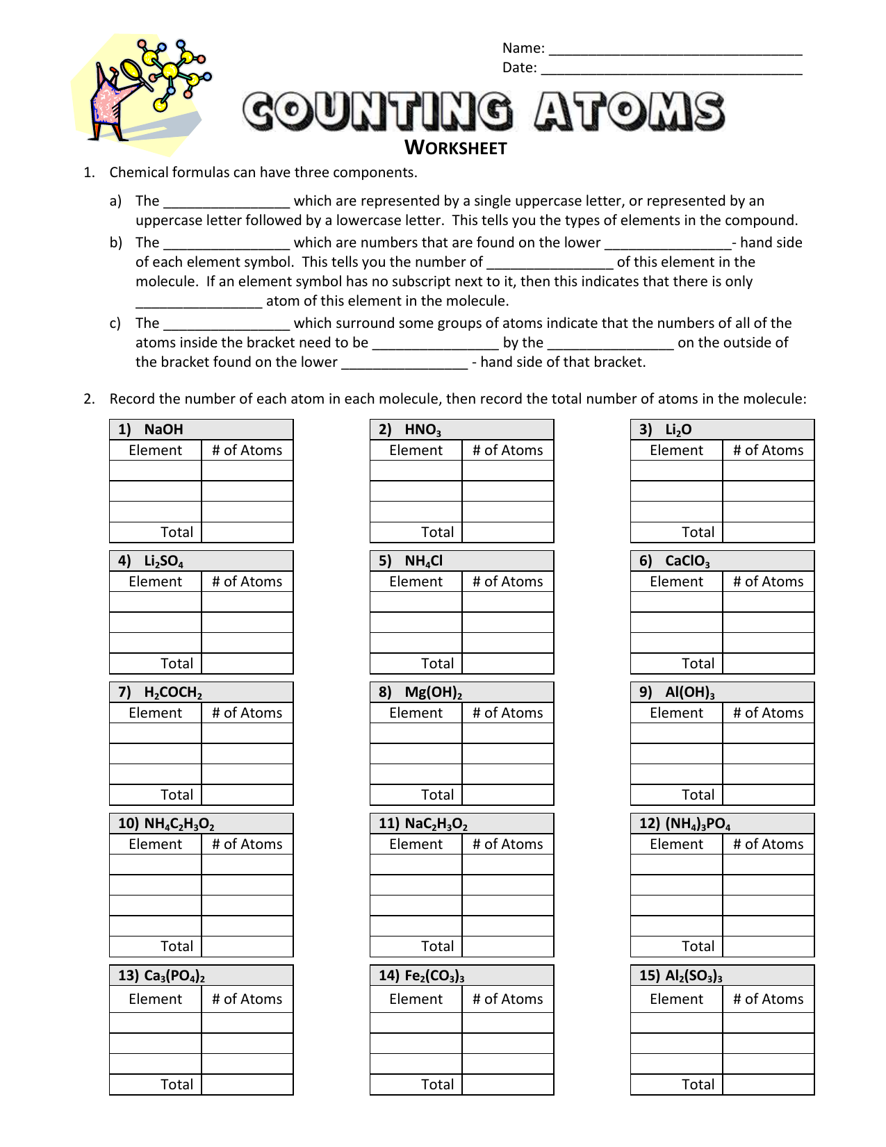 Counting Atoms - Worksheet Within Counting Atoms Worksheet Answer Key