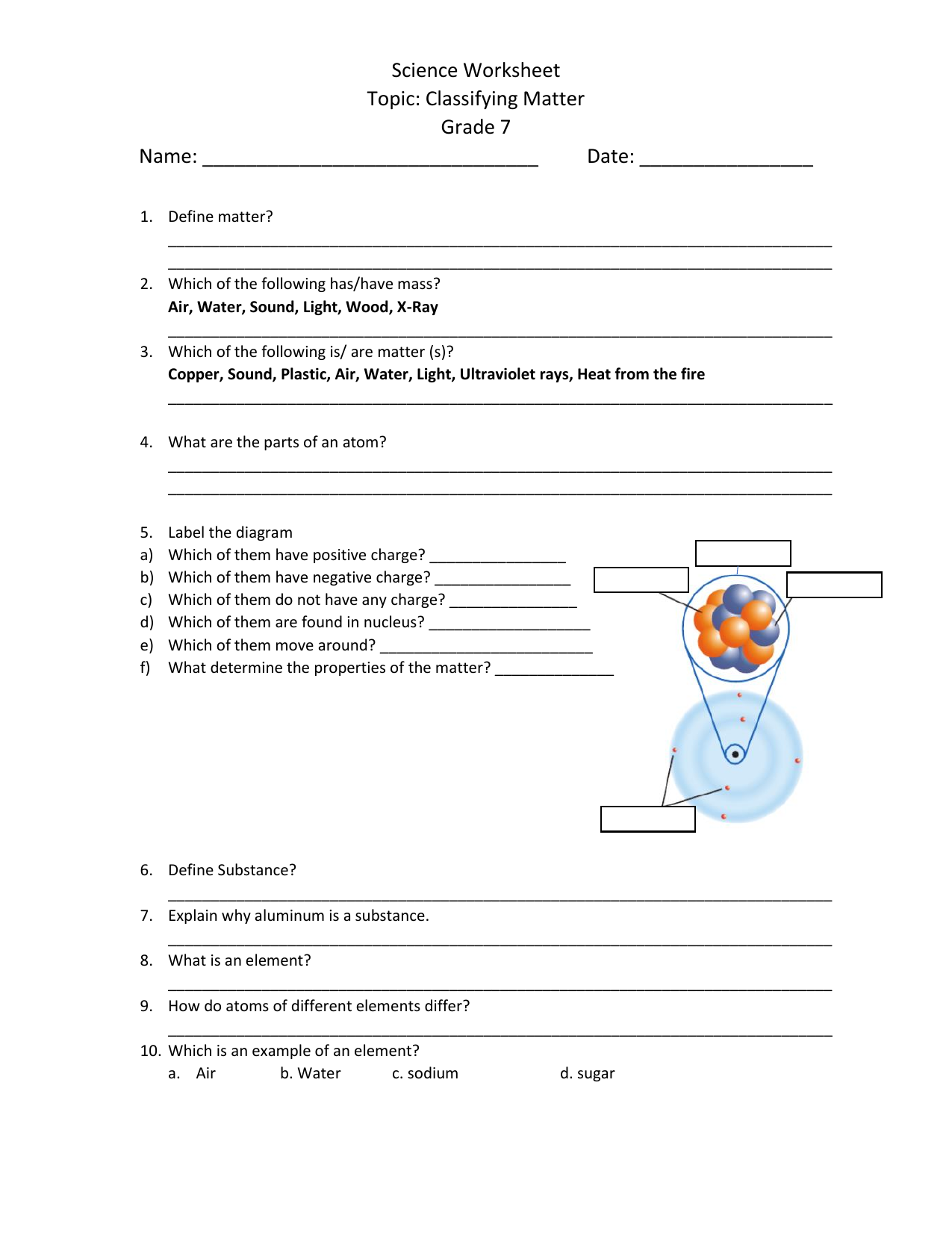 matter and material worksheet grade 7