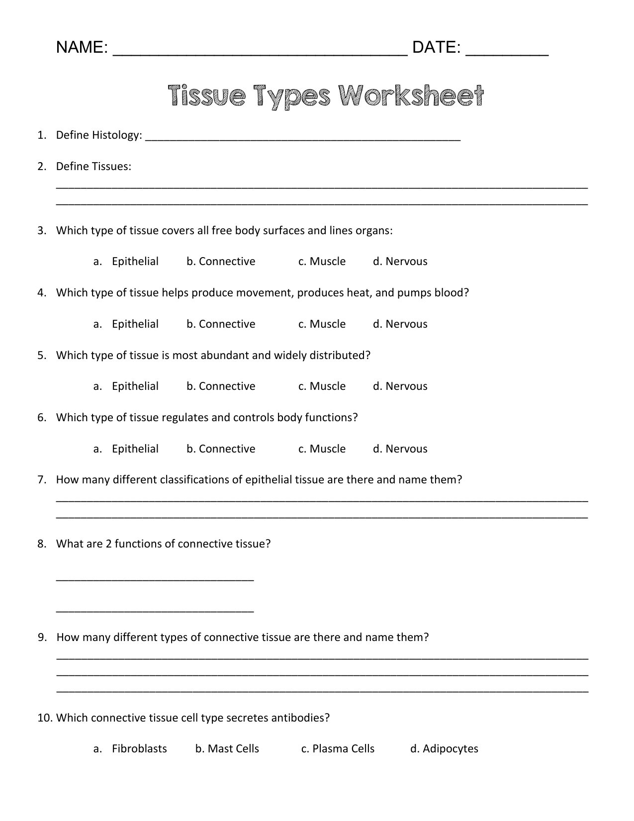 tissue types worksheet For Types Of Tissues Worksheet