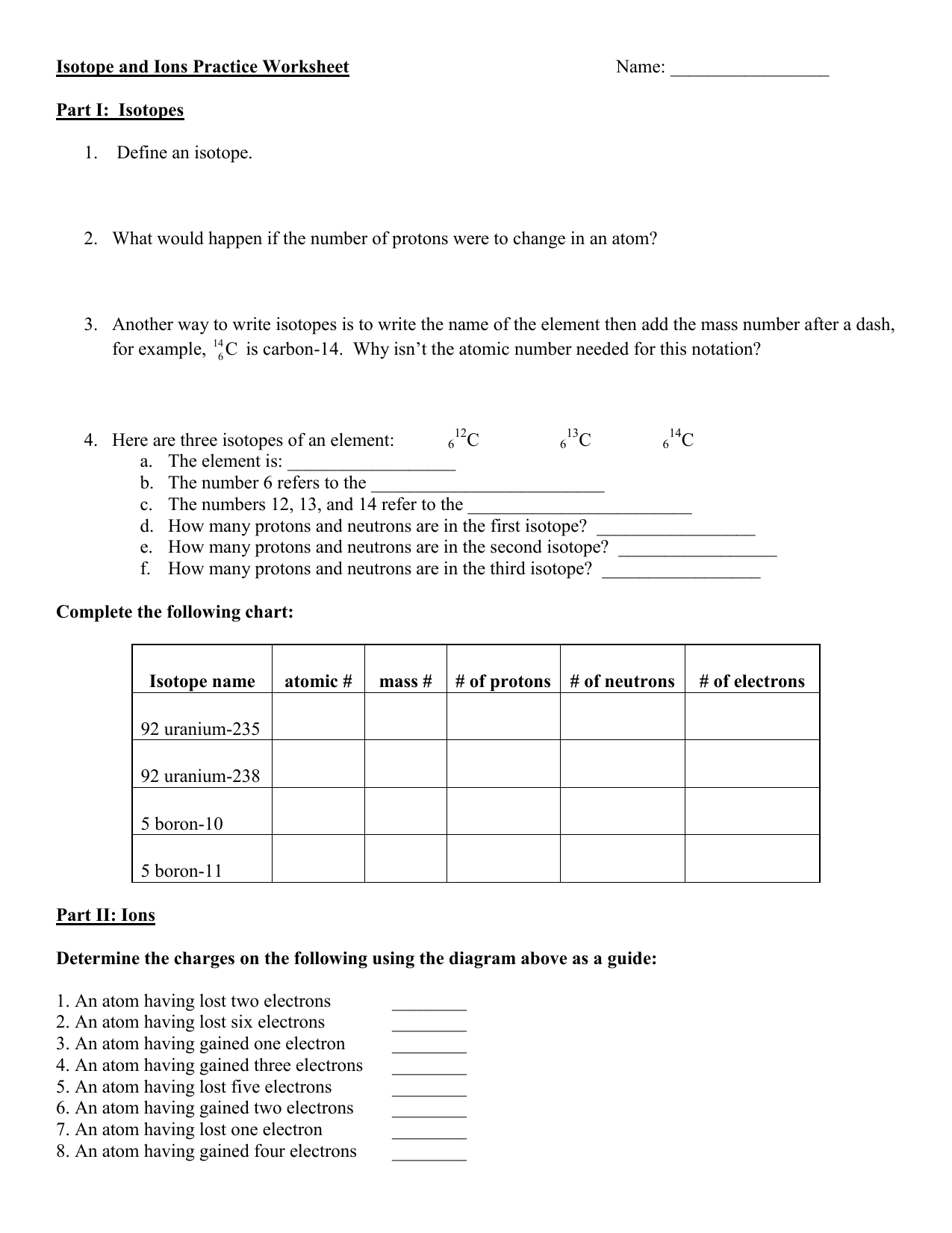 Isotope and Ions Practice Worksheet Name (24) Regarding Ions And Isotopes Worksheet