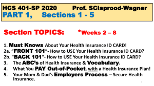 1-21-20 HCS 401 Sp 2020 Basics of US Healthcare SAMPLE CARD and VOCABULARY PART 1