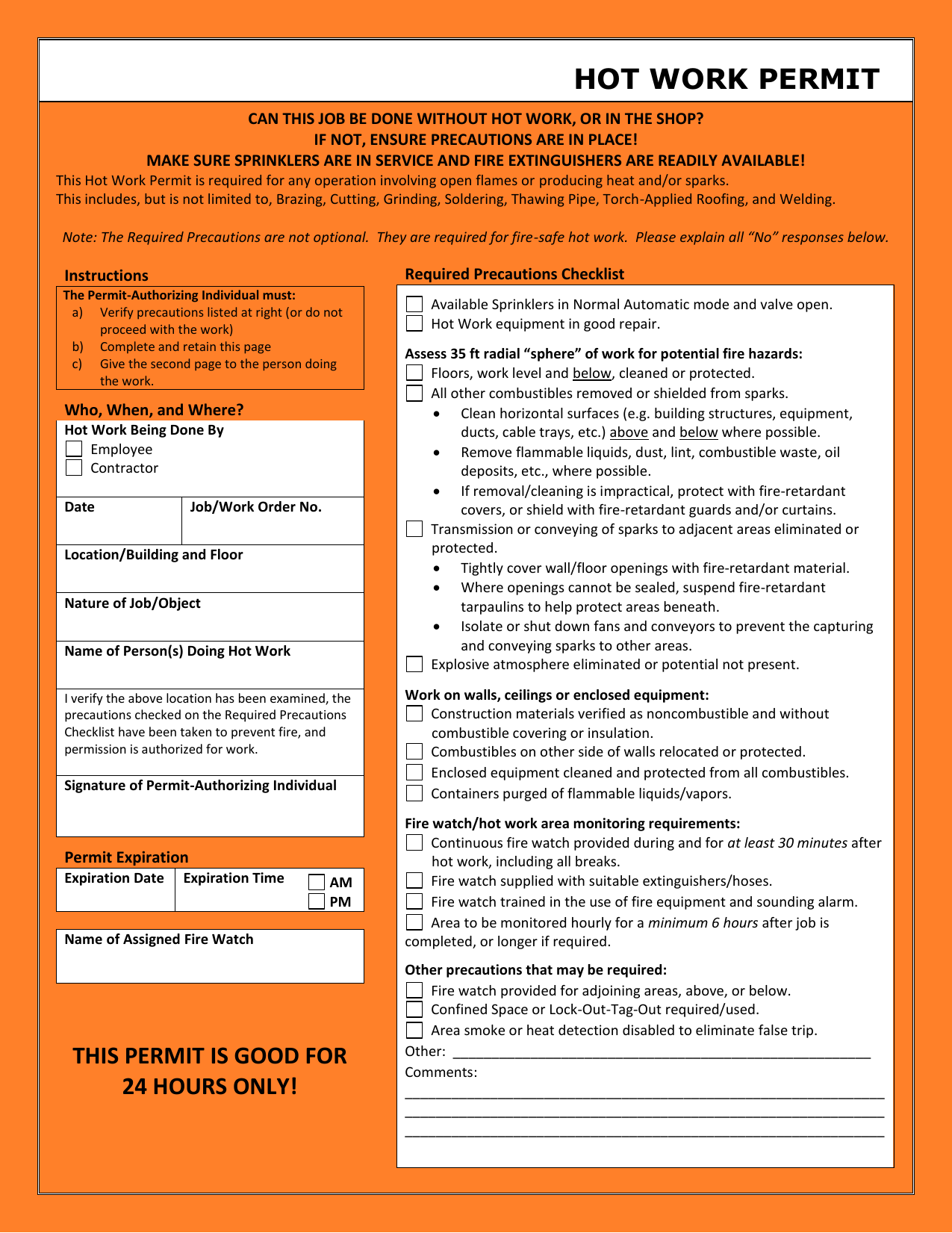 Hot Work Permit Template Nz