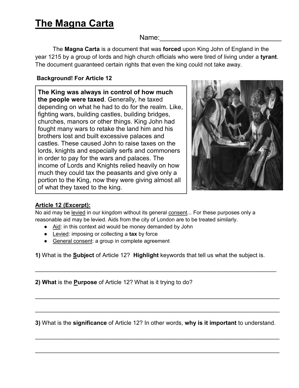 Magna Carta Primary Source Worksheet