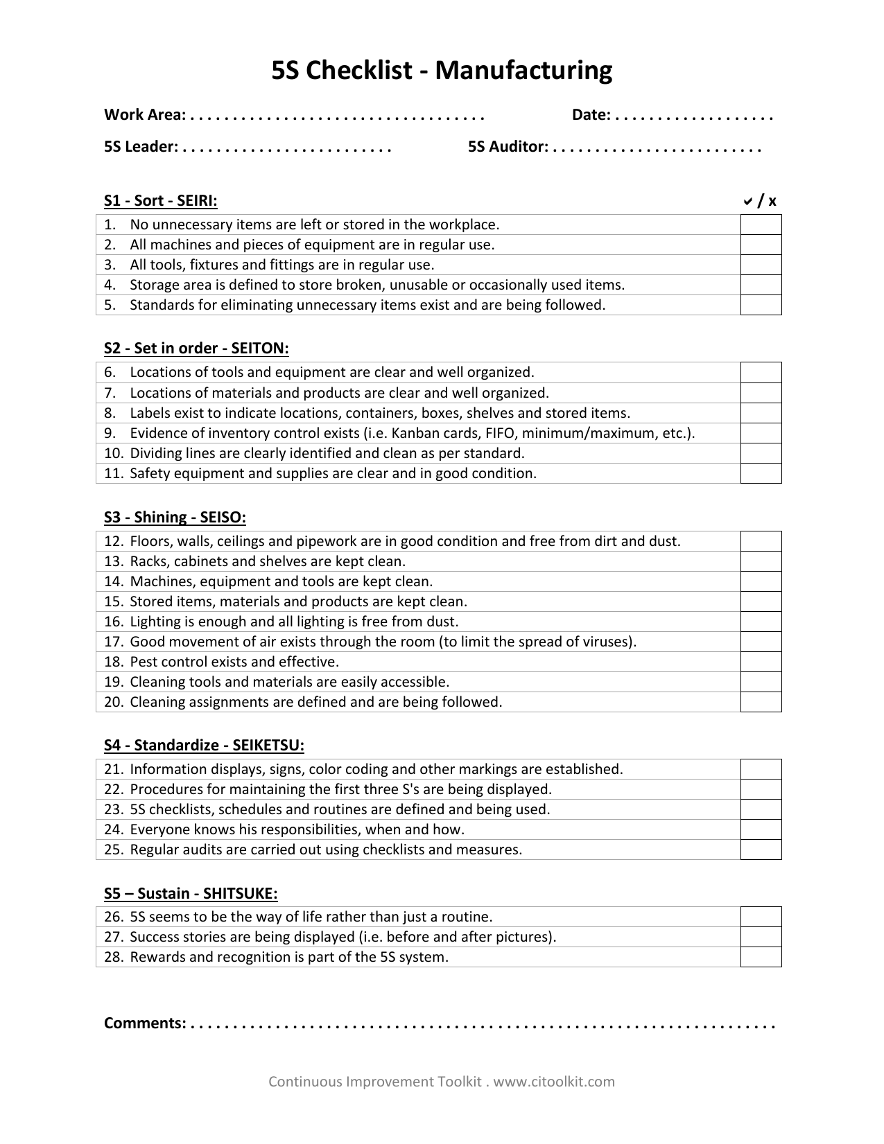 5s audit checklist for manufacturing