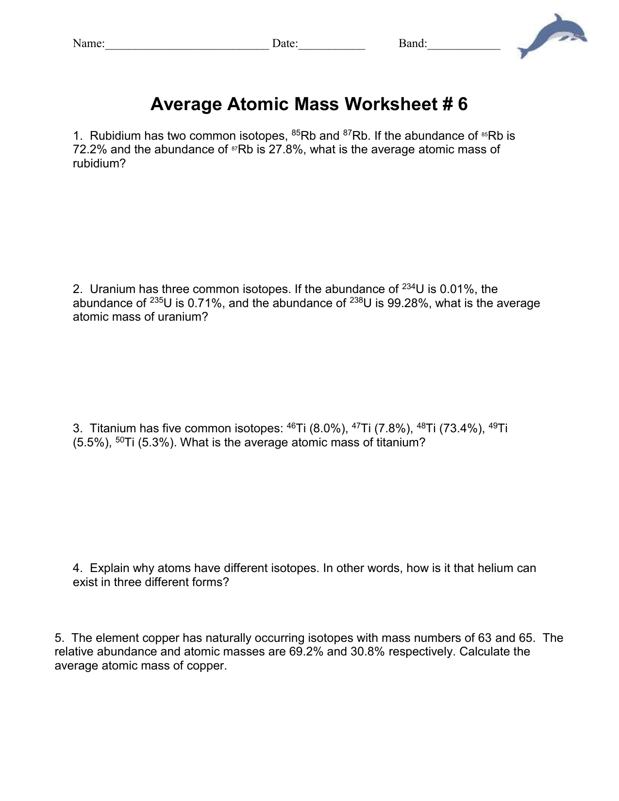 Ch 11 Average atomic mass worksheet Throughout Calculating Average Atomic Mass Worksheet