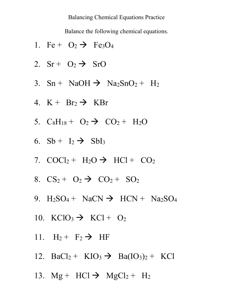 balancing chemical equations homework sheet