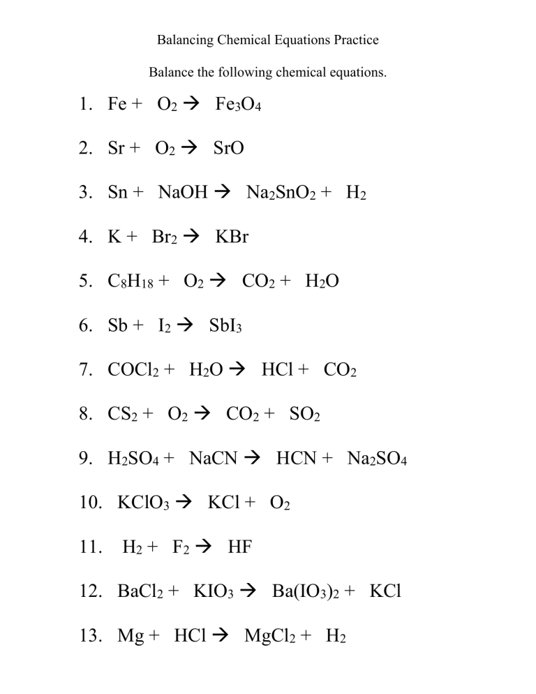 Chemical Equations Practice Worksheet Tessshebaylo