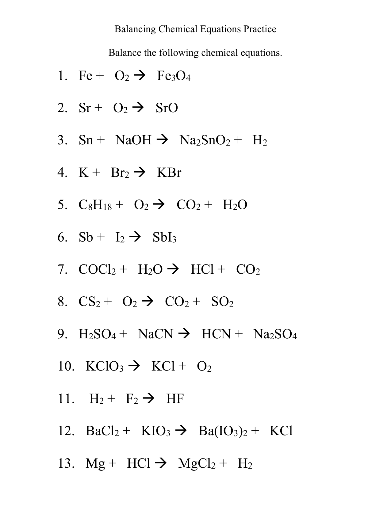Balancing Chemical Equations Practice worksheet (11) Within Balancing Chemical Equations Worksheet 1