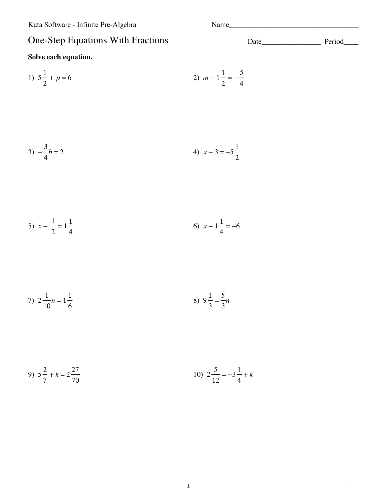 One-Step Equations With Fractions For 2 Step Equations Worksheet