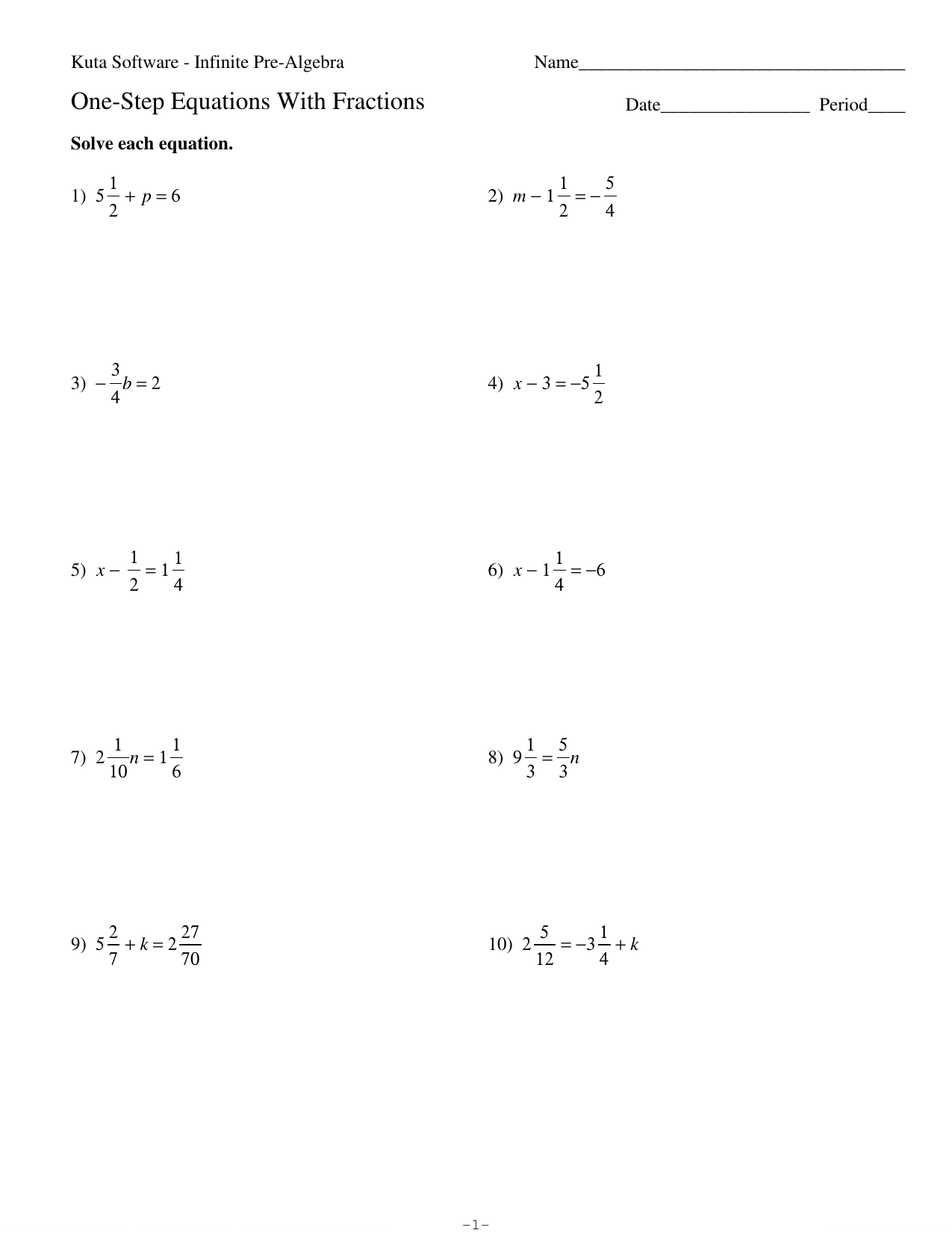 One-Step Equations With Fractions Throughout Solving Equations With Fractions Worksheet