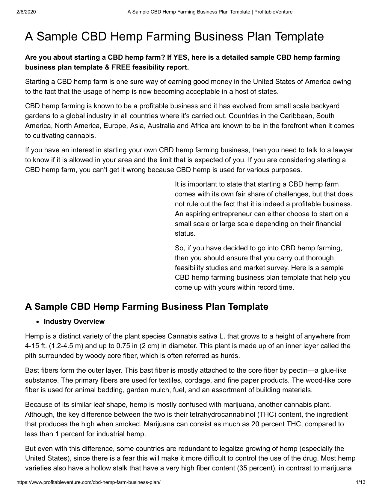 A Sample CBD Hemp Farming Business Plan Template