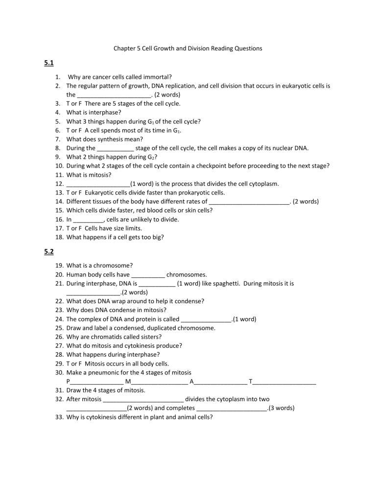 Chapter 5 Cell Growth And Division Reading Questions