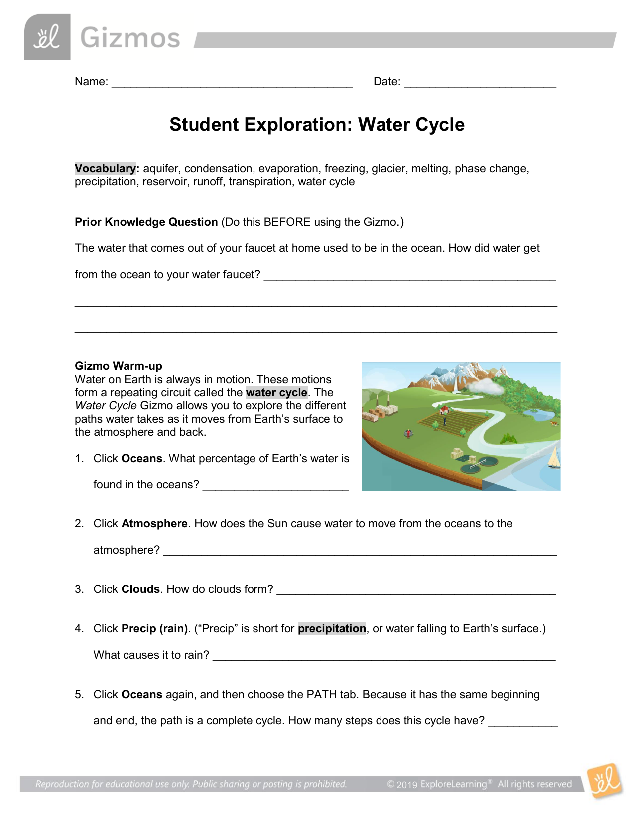 Water Cycle Gizmos Explore Student Sheet Throughout Water Cycle Worksheet Pdf