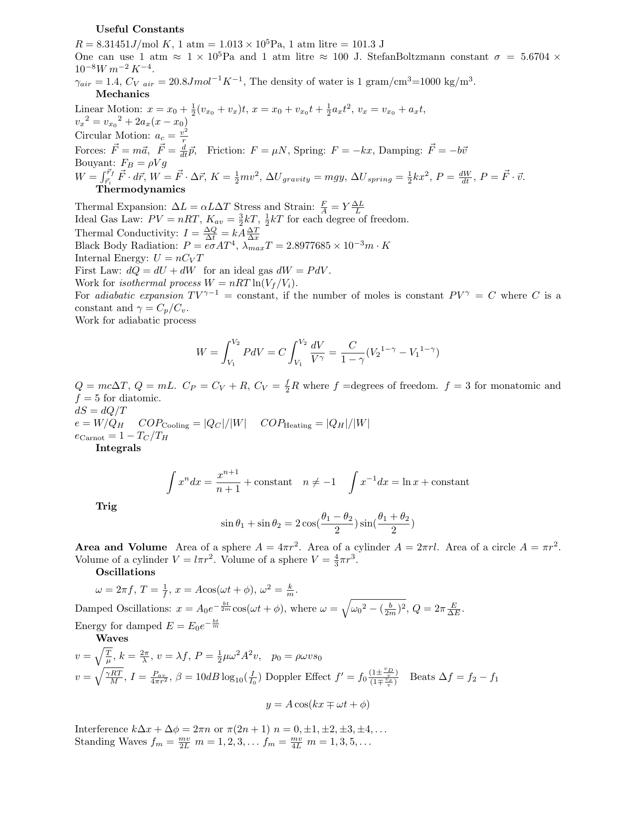 Phys 158 Formula Sheet 2020