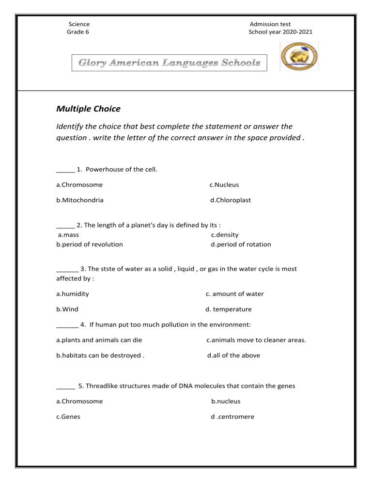 Admission Test Grade 6