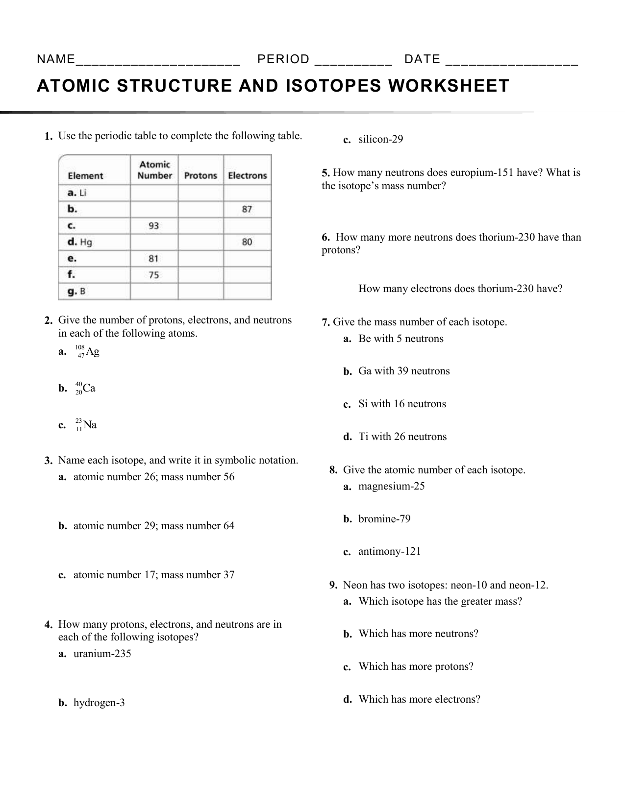 Atomic structure and isotopes worksheet Pertaining To Isotopes Worksheet Answer Key