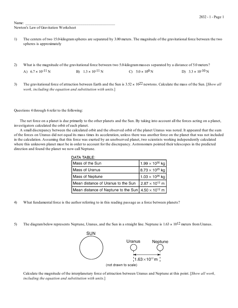 Newtons Law Of Gravitation Worksheet