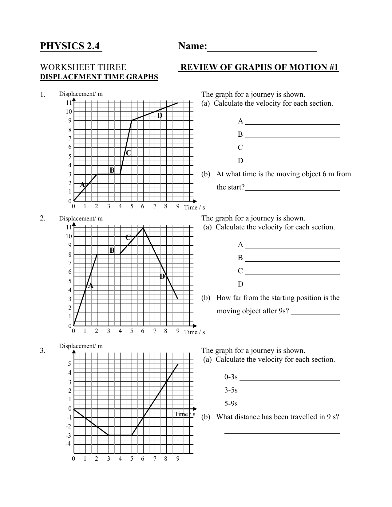 Graphing motion d vs t Inside Motion Graphs Physics Worksheet